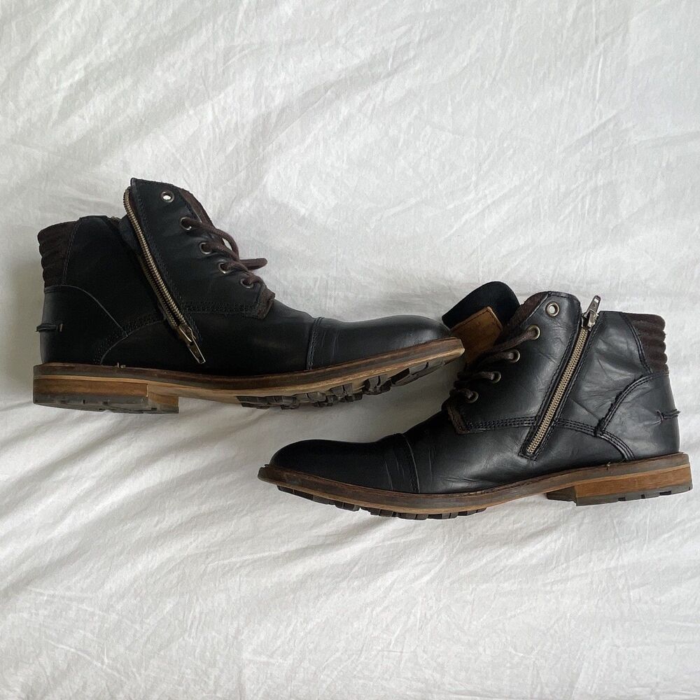 BullBoxer Holten Mens Leather Chukka Boots Black Lace Up Side Zip Size 12 EU 45